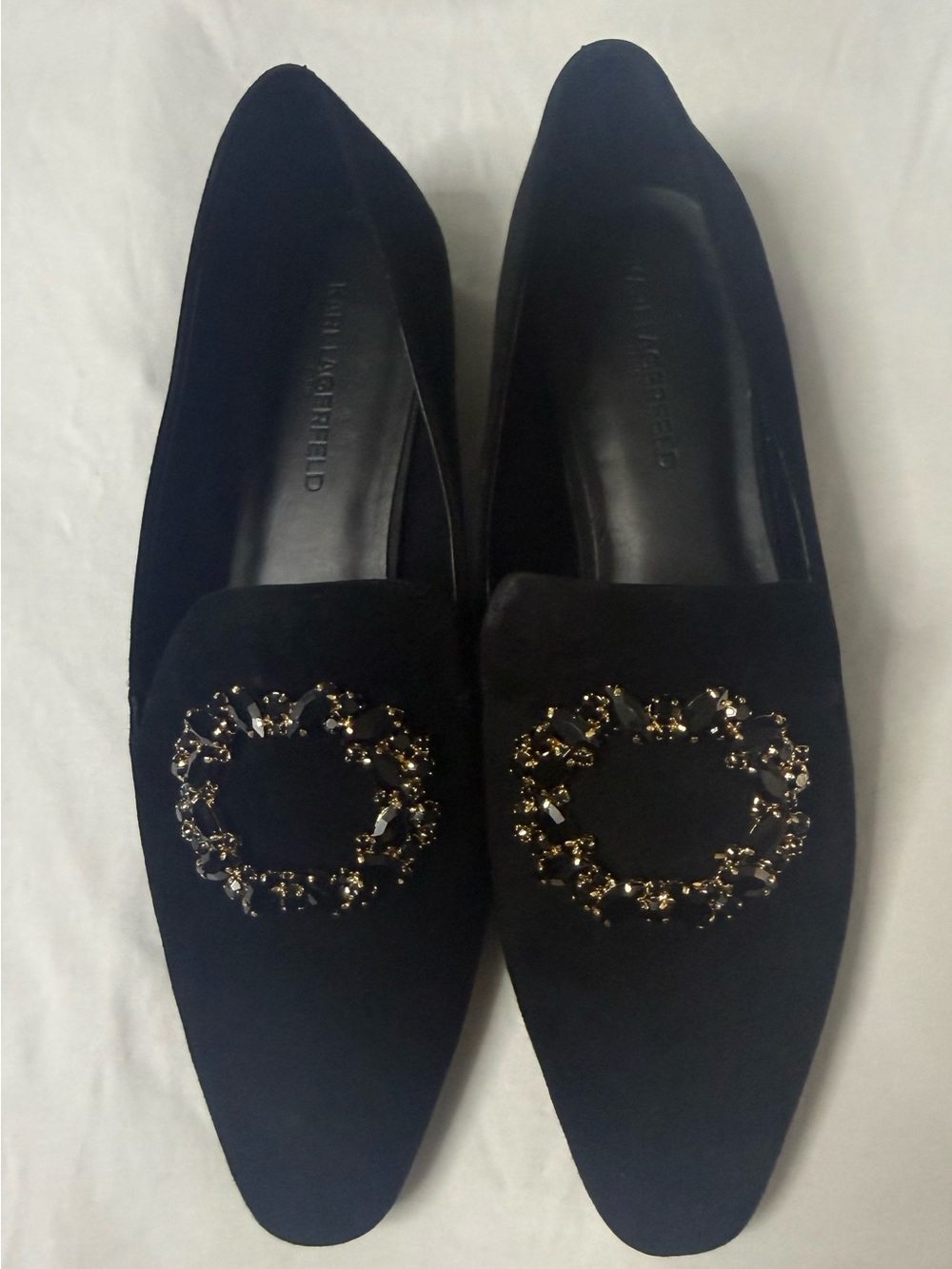 Karl Lagerfeld Black Suede Pointed Loafers with Gold Embellishment